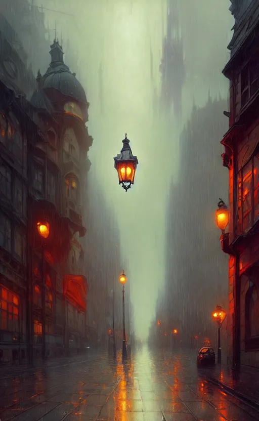 Image similar to an old victorian city with rainy atmosphere and moody and cinematic lighting by alphonse mucha, simon stalenhag and darek zabrocki, cinematic and atmospheric, concept art, artstation, trending on artstation