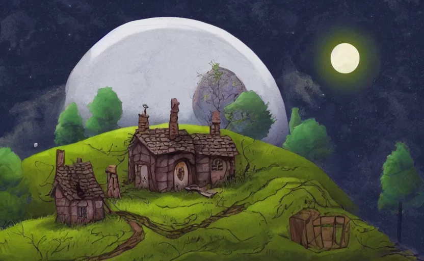 Image similar to a witch's cottage on a lonely hill against a giant moon, storybook, gouache, flat, concept art, lush