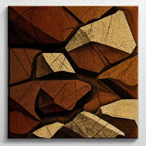 Image similar to masterpiece abstract intricate painting of detailed highly layered flat textured rocky field along a planer surface of rectangular shapes. highly geometric rectangular shapes with thin pencil rough sketch lines slanting down. isometric angles. beautiful use of light to create a sense of a stony landscape. using architectural brushwork and a rich earthy color palette, providing a mathematical rough sketch.