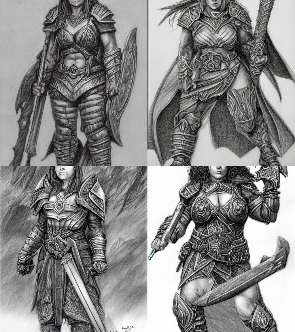 Prompt: female dwarven warrior | pencil sketch | hyperdetailed | larry elmore |