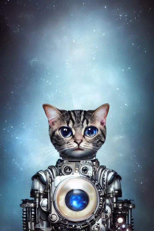 Prompt: a beautiful intricate fine art portrait photo of a a mechanical industrial steampunk cybernetic cute cat with large eyes against galactic space, soft backlight, by tom bagshaw and zach sutton, perfection!, milk bath photography, studio lighting, 5 0 mm lens, very detailed, bionic, cybernetic scifi, deep depth of field, artstation, 8 k, highly coherent