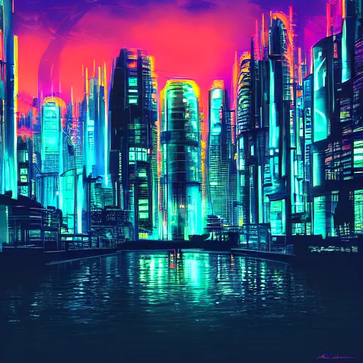 Image similar to cyberpunk laketwon at night, digital art, trending on aeration