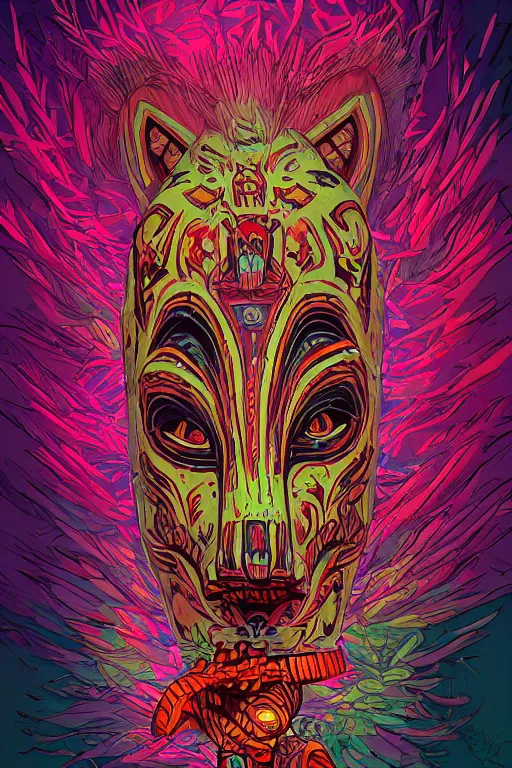 Image similar to totem animal tribal chaman vodoo mask feather gemstone plant wood rock video game illustration vivid color borderlands by josan gonzales and dan mumford radiating a glowing aura