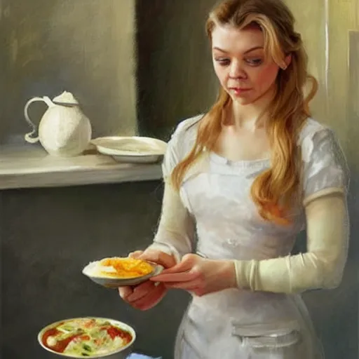 Prompt: Natalie Dormer making breakfast for her husband painting by Vladimir Volegov