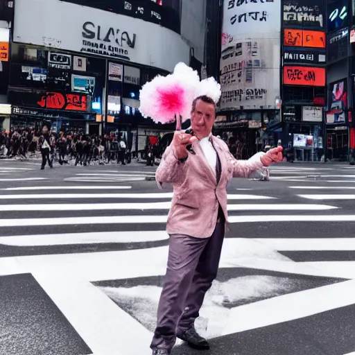 Prompt: Till Lindemann on Shibuya Scramble Crossing, Sakura is blowing, high quality photo