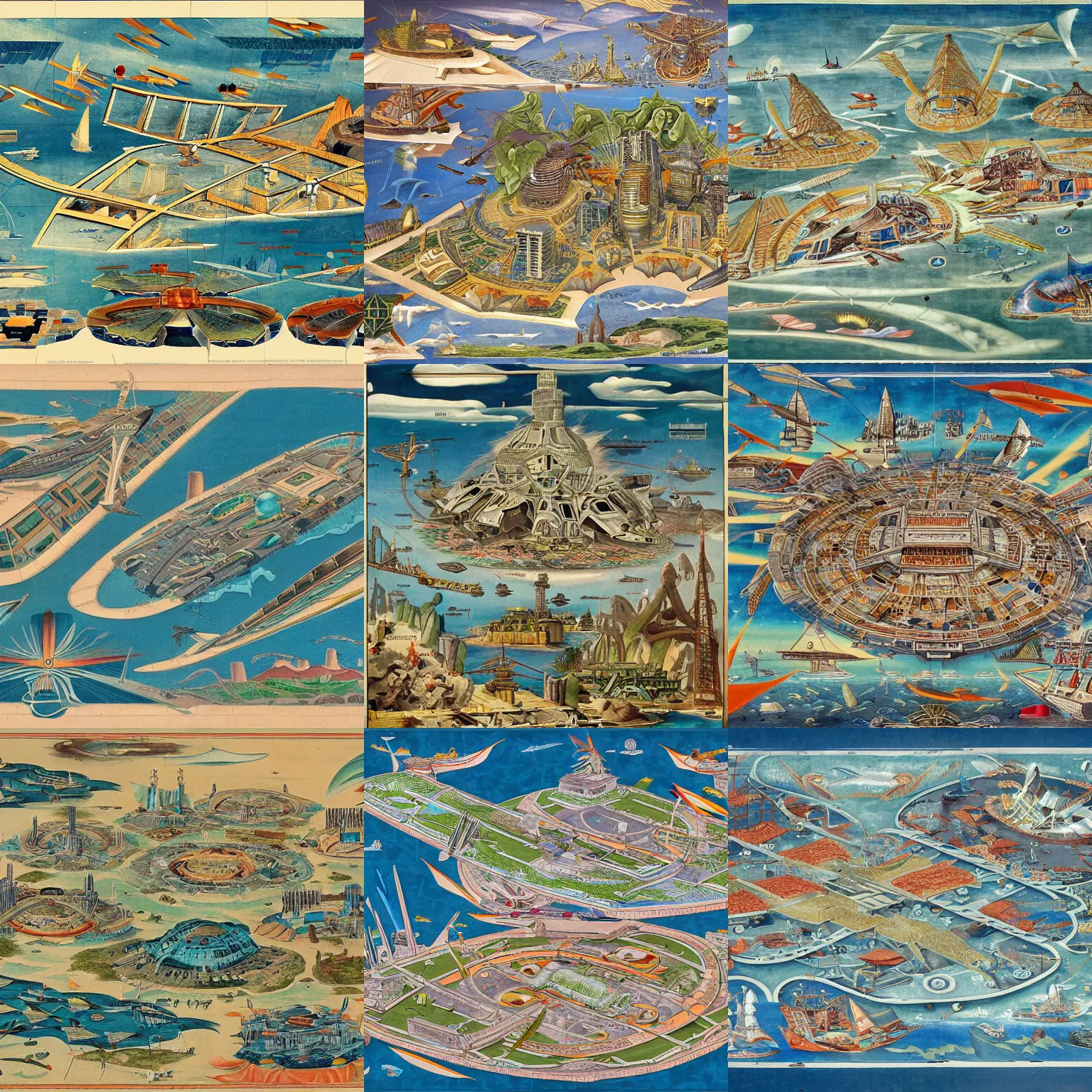 Prompt: a detailed map of a futuristic dystopian city located in an island surrounded by water with a few flying ships stationed around it, in the style of the mexican muralists secession, full color, exploded view