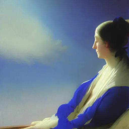 Prompt: a young woman's face, her hair is white and she wears a cobalt blue satin cloak, by ivan aivazovsky and syd mead and moebius and gaston bussiere and roger dean and pieter claesz and paul delaroche and alma tadema and aelbert cuyp and gabriel metsu, hyperrealistic, volumetric light, octane render