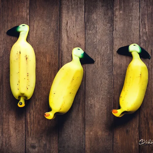 Image similar to professional photograph of banana ducks, peeled bananas with googly eyes and duck beaks