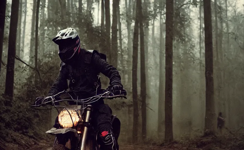 Prompt: cinestill 5 0 d candid photographic portrait by helen levitt of joe biden wearing rugged black mesh techwear riding on a dirtbike through a deep forest, extreme closeup, modern cyberpunk moody emotional cinematic, snow storm, 8 k, hd, high resolution, 3 5 mm, f / 3 2, ultra realistic faces, ex machina