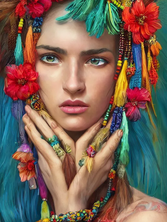 Image similar to beautiful portrait of a mediterranean female wearing fantastic Hand-dyed cotton dress, embellished beaded feather decorative fringe knots ,colorful pigtail,subtropical flowers and plants,symmetrical face,intricate,elegant, highly detailed, 8k,post-processing,digital painting, trending on artstation, concept art, sharp focus, illustration, by artgerm,Tom Bagshaw,Daniel Gerhartz,Albert Aublet,Lawrence Alma-Tadema