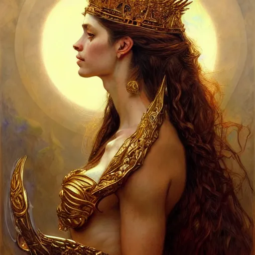 Image similar to highly detailed portrait of a majestic lioness queen in the form of a beautiful woman. d & d. art by eugene delacroix, donato giancola, anna dittmann. trending on artstation, intricate details, energetic composition, golden ratio, concept art, illustration, elegant art, global illuminaition