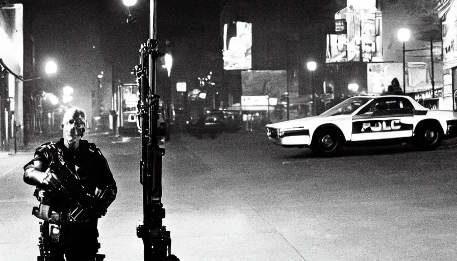 Image similar to peter weller cyborg cop, standing under a street lamp at night in downtown future detroit. leaning against a futuristic police car. criterion collection, movie still. 7 0 mm. imax. film.