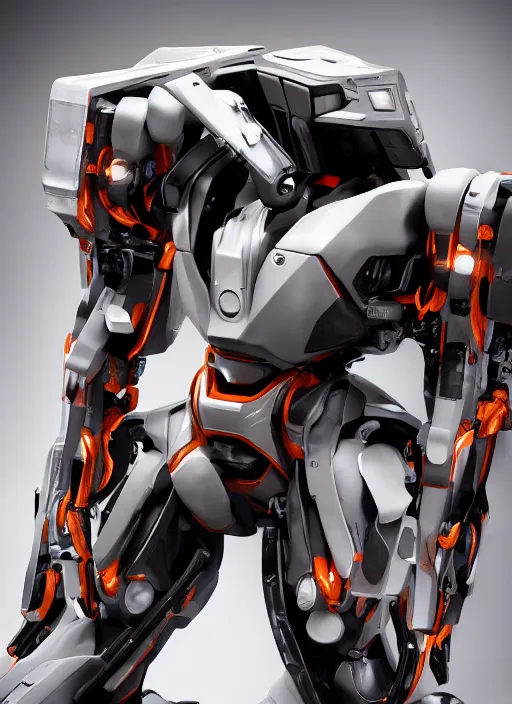 Image similar to a Photorealistic dramatic hyperrealistic full frame render of a Sleek futuristic exosuit Freedom Formula Racing Mech,Ultra realistic details,glossy white metal,Orange racing stripes,weathered surfaces,by Hidetaka Tenjin,Yoh Yoshinori,Yoji Shinkawa,Masamune Shirow,Beautiful dramatic dark moody tones and lighting,cinematic atmosphere,studio lighting,shadows,dark background, Octane render,8K