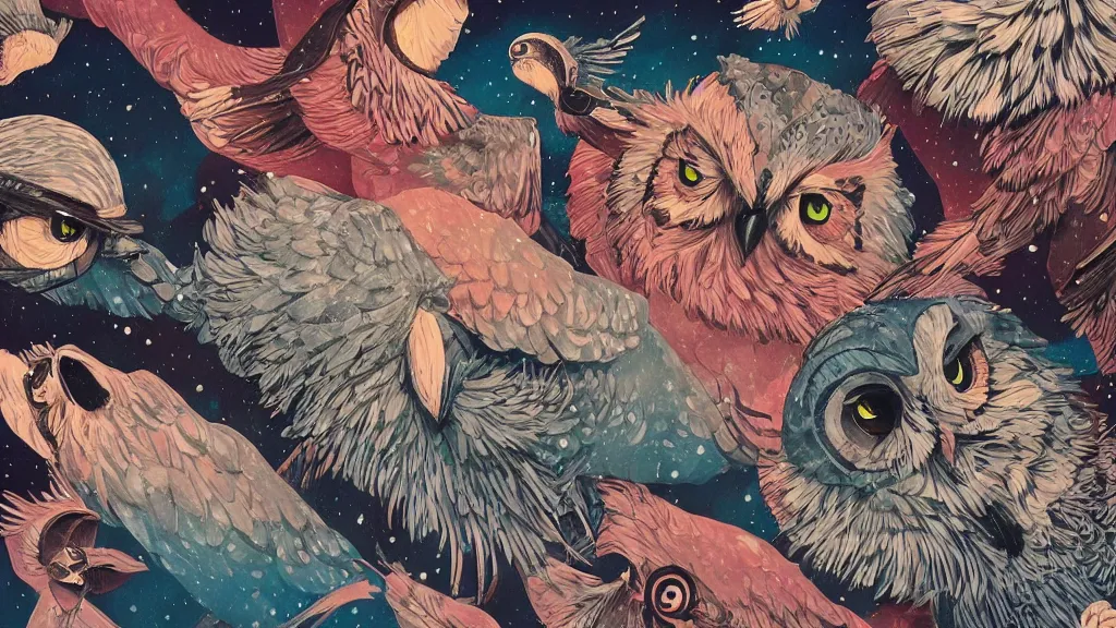 Prompt: very detailed, ilya kuvshinov, mcbess, rutkowski, watercolor illustration of owls flying at night, colorful, mural, deep shadows, astrophotography, highly detailed