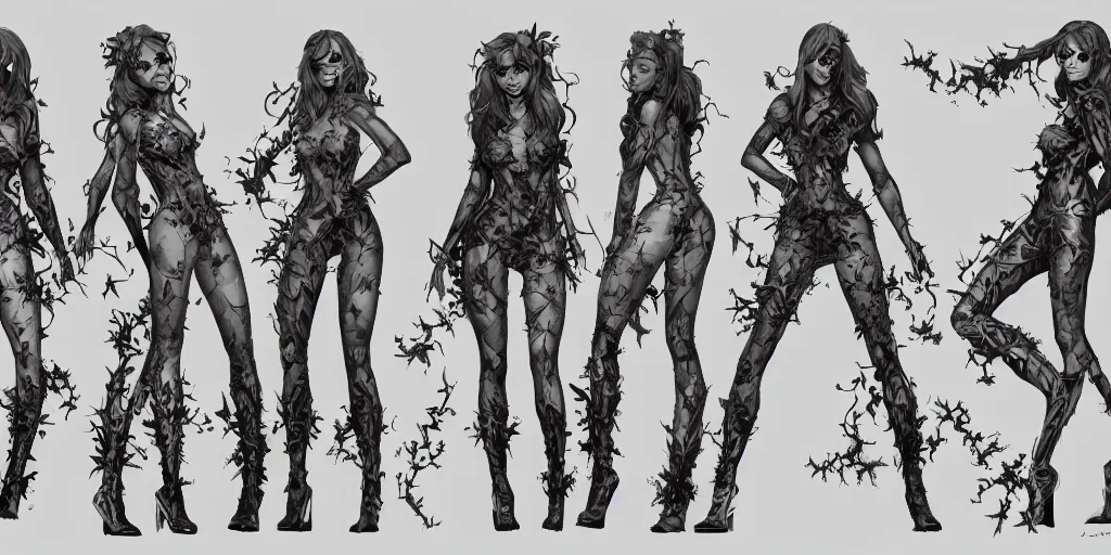 Image similar to poison ivy, character sheet, concept design, contrast, kim jung gi, greg rutkowski, zabrocki, karlkka, jayison devadas, trending on artstation, 8 k, ultra wide angle, pincushion lens effect