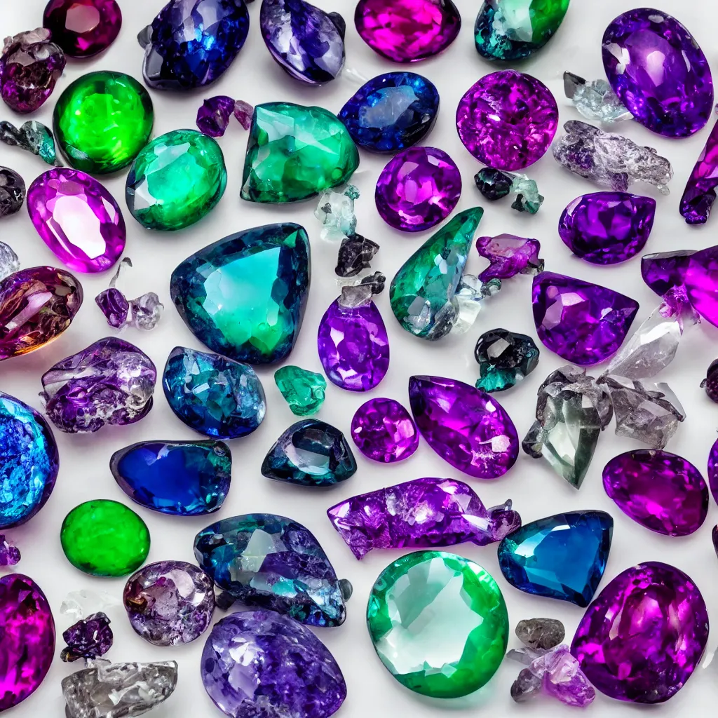 Prompt: collection of alien gemstones with levitating properties, professional studio photography, white backdrop, light refraction, chromatic aberration, bokeh,