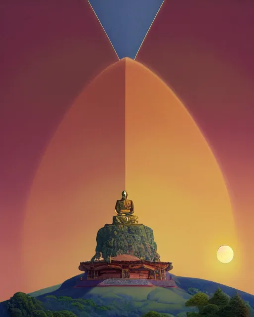 Prompt: the most beautiful sunset, giant pink full moon, a giant buddha meditating on top of a mountain peak, coherent design, symmetrical, concept art, vivid color, complementary color, golden ratio, detailed, sharp lines, intricate, rainbowshift, by maxfield parrish, by peter mohrbacher, by gustave dore, by arthur rackham, octane render