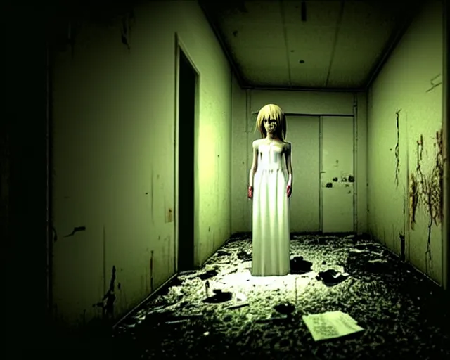 Prompt: creepy mangled woman wearing white dress standing in the backrooms, playable trailer, psychological horror, the eerie forlorn atmosphere of a place that's usually bustling with people but is now abandoned and quiet, buzzing fluorescent lights above the ceiling, unsettling images, liminal space, dark, created by hideo kojima