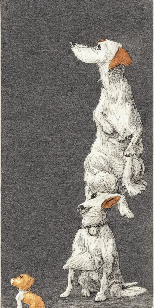 Image similar to candid portrait of jack russel dog howling sad, night sky, highly detailed, side view, illustrated by peggy fortnum and beatrix potter and sir john tenniel