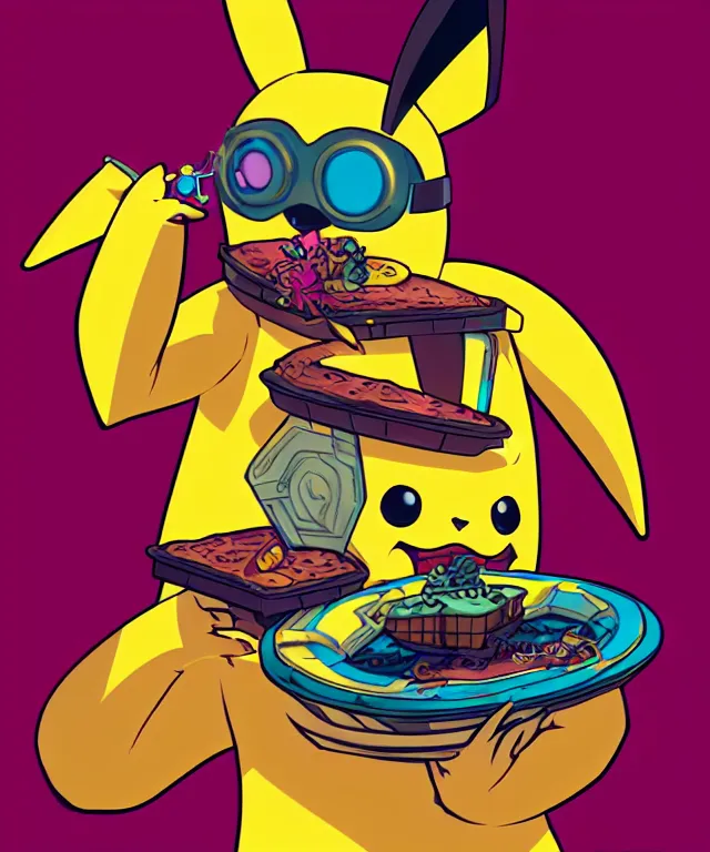 Image similar to a portrait of an anthropomorphic cyberpunk pikachu eating pie, cyberpunk!, fantasy, elegant, digital painting, artstation, concept art, matte, sharp focus, illustration, art by josan gonzalez