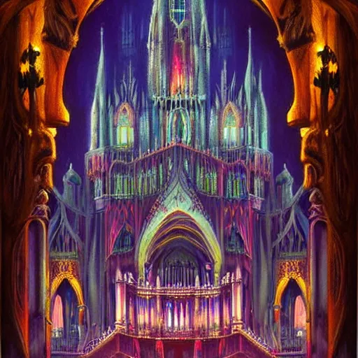 Image similar to live performance stage, ornate gothic style with lights and large sound speakers, by Megan Duncanson and Raphael Lacoste, detailed 3d gothic oil painting