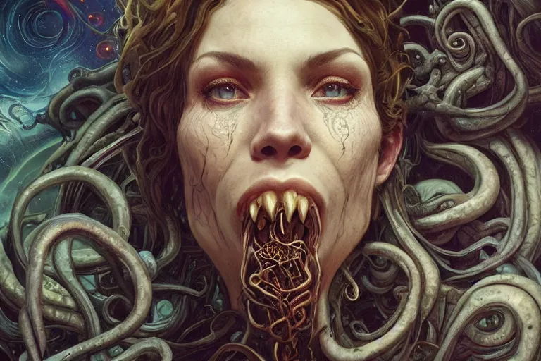 Prompt: a lovecraftian portrait face of cthulhu, cosmic horror elements, ultra realistic, concept art, intricate details, eerie, highly detailed, photorealistic, octane render, 8 k, unreal engine. art by artgerm and greg rutkowski and alphonse mucha