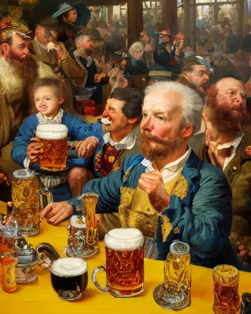 Image similar to a painting of bart simpson holding a mug of beer at the oktoberfest, a detailed painting by konstantin makovsky and by jan matejko and by nikolay makovsky, shutterstock contest winner, german romanticism, detailed painting, oil on canvas, wimmelbilder