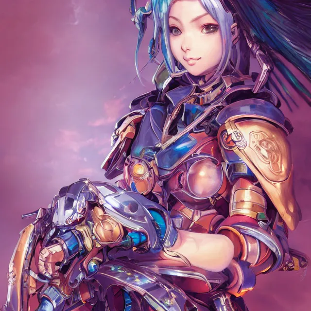 Image similar to studio portrait of lawful good colorful female holy mecha paladin absurdly beautiful, elegant, young cute anime girl, ultrafine hyperrealistic detailed face illustration by kim jung gi, irakli nadar, intricate linework, sharp focus, bright colors, matte, octopath traveler, final fantasy, unreal engine highly rendered, global illumination, radiant light, intricate environment