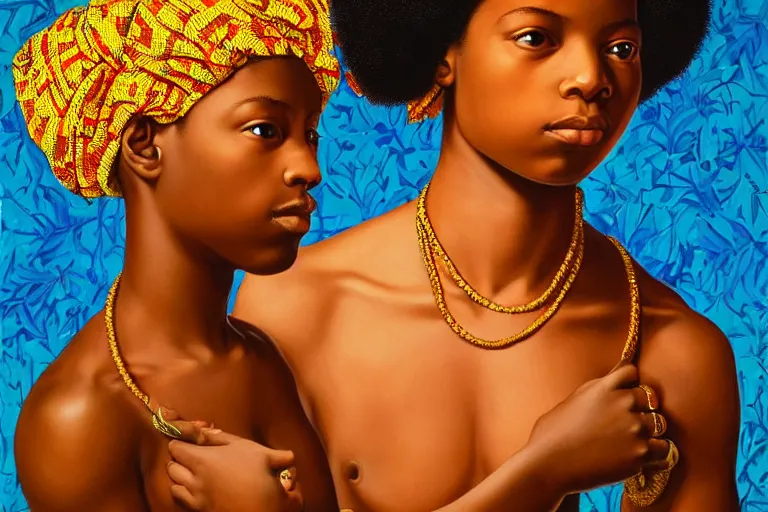 Prompt: a girl adventurer with iridescent skin by kehinde wiley