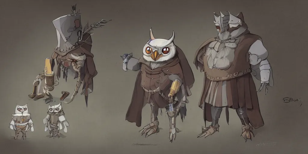 Image similar to character design, concept art, anthropomorphic owl wearing medieval clothes, unreal engine, by studio ghibli,