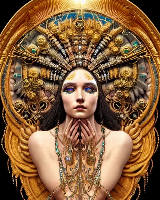 Image similar to hyperrealistic detailed portrait of a beautiful goddess in an iridescent - gold ornamental ritual headdress, intricate cyberpunk make - up, golden face tattoos, insane details, art by ernst haeckel, android jones, john william godward, gothic - cyberpunk, beautiful deep colours,