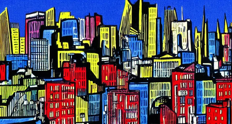 Prompt: color sketch of the london skyline, highly detailed, dramatic lighting, intense shadows, rich deep colours, by roy lichtenstein