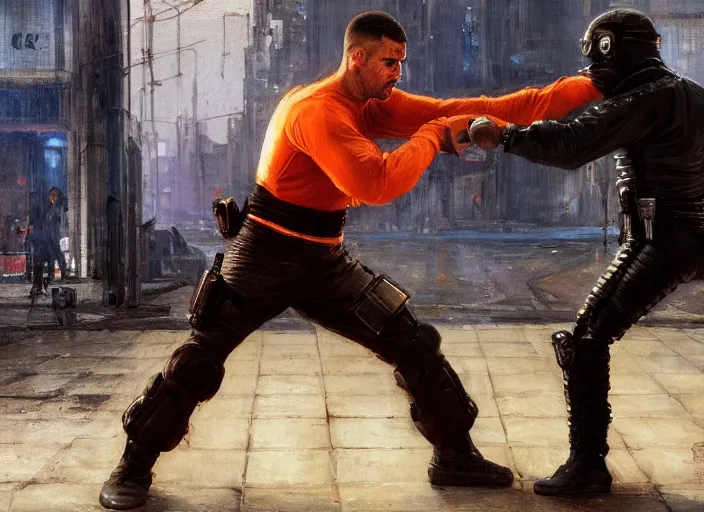 Image similar to Javier fights sgt Nash. Cyberpunk kickboxer in orange jumpsuit fighting menacing police troopers (blade runner 2049). attractive face. Epic painting by john william waterhouse and Edwin Longsden Long and Theodore Ralli and Nasreddine Dinet, oil on canvas. Cinematic, hyper realism, realistic proportions, dramatic lighting, high detail 4k