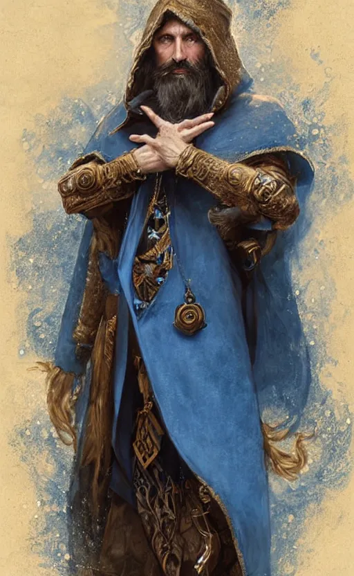 Image similar to portrait of a middle aged elf with a long beard, dressed in a blue cloak with clock iconography, brown hair, raised hand, detailed face, fantasy, highly detailed, cinematic lighting, digital art painting by greg rutkowski