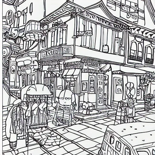 Image similar to an adult coloring page studio ghibli style town