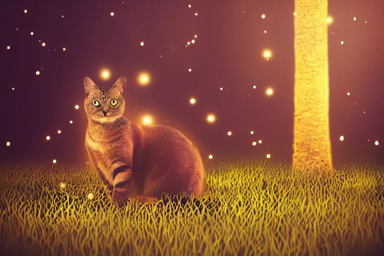 Prompt: a cat in a forest at night with fireflies, backlighting, trending on artstation, night lighting, cgi, bokeh, dreamy