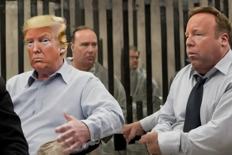 Prompt: movie still of donald trump and alex jones in jail, photograph, tv show, cinematic