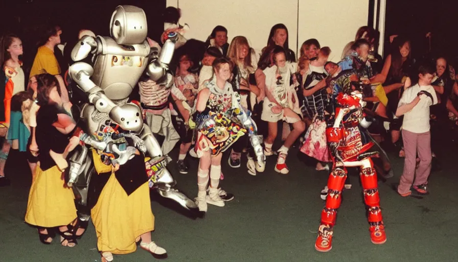 Image similar to 1990s candid photo of a middle school home coming dance with robot warrior rabbits, cinematic, UHD