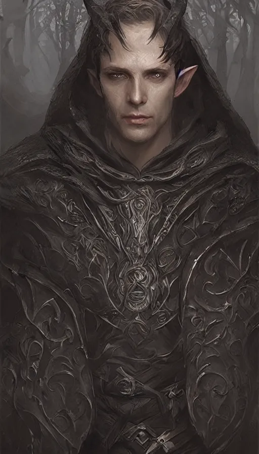 Prompt: Portrait of an elven man wearing a black cloak, male, detailed face, fantasy, highly detailed, cinematic lighting, digital art painting by greg rutkowski