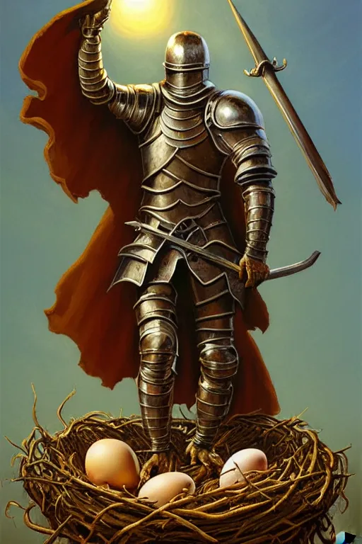 Prompt: classic oil painting, a medieval fantasy knight standing on a big empty bird nest, as a dnd character, surrounded by broken egg shells, cottagecore, highly detailed, digital illustration, concept art, smooth, sharp focus, art by tim hildebrandt, and greg hildebrandt