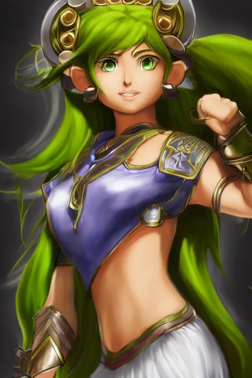 Image similar to portrait, head and torso only, palutena in a victorious stance, trending on artstation, concept art, movie poster, fine detail, unreal engine, masterpiece, 4 k, hd