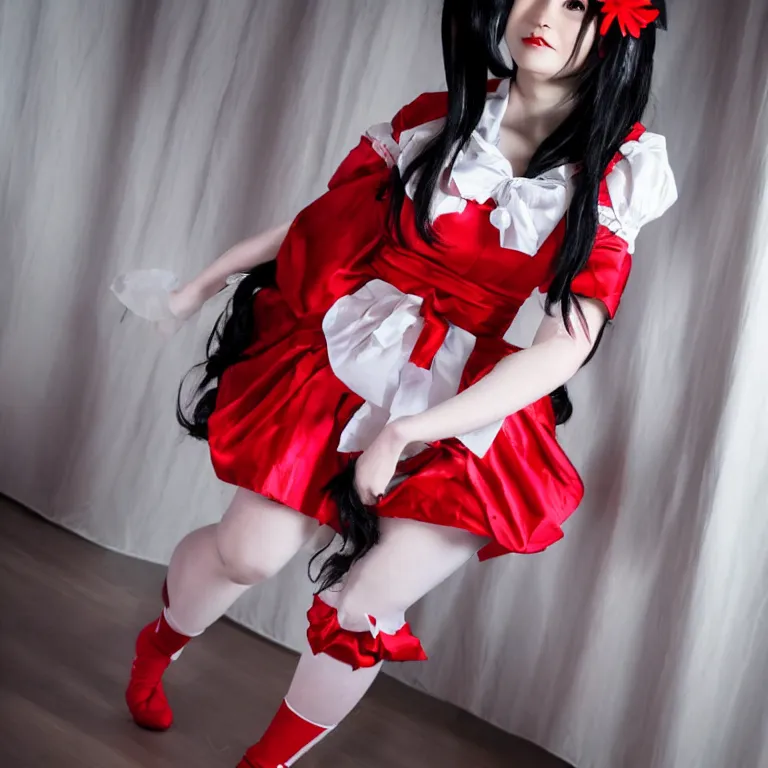 Prompt: beautiful reimu hakurei cosplay, beautiful professional photography, perfect human anatomy. Indoors, overhead lighting.