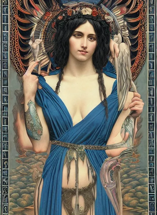 Prompt: beautiful enlightened cult magic psychic woman with tattoos, tattooed skin, oil painting, robe, symmetrical face, greek dark ritual myth, by john william godward and anna dittman, masterpiece