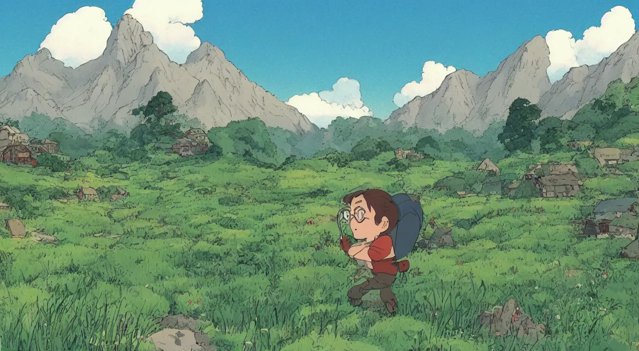 Prompt: (illustration) of ((Robin Williams)), by (((Studio Ghibli))), village, grassfields and mountains, sharp focus, concept art, smooth