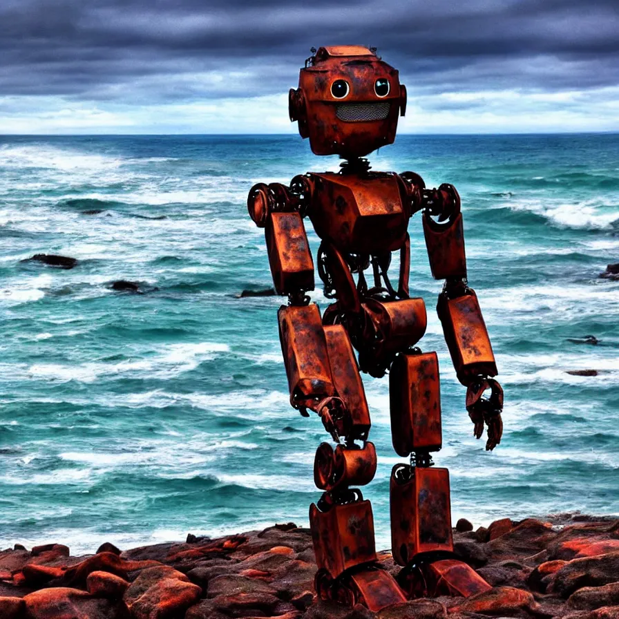 Image similar to a very large rusting humanoid robot is sitting against some rocks on a deserted beach. ocean in the background. it's nighttime and the sky is cloudy. paining, futurism, detailed, illustrated,