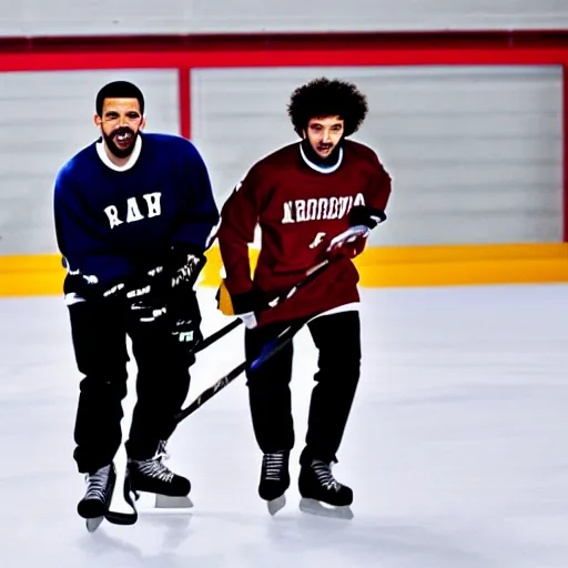 Image similar to drake and joe biden playing hockey, movie still, cinematic lighting