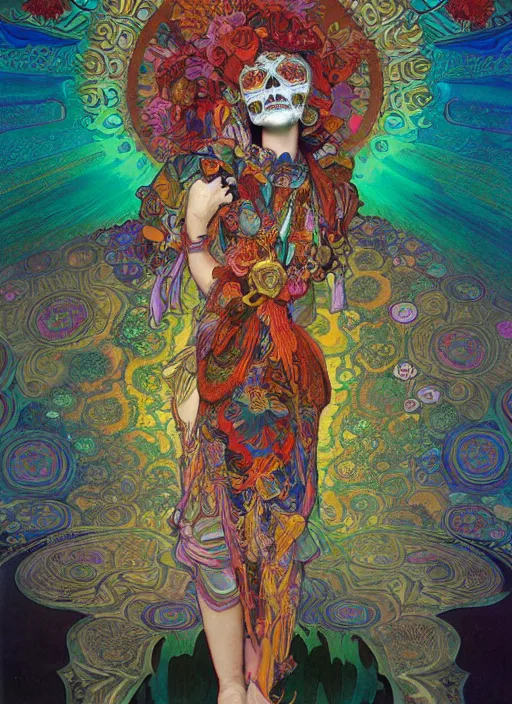 Image similar to realistic detailed psychedelic poster art of a cute fractal Día de los Muertos girl dancing by Victor Moscoso Rick Griffin Alphonse Mucha Ayami Kojima Amano Charlie Bowater, masterpiece