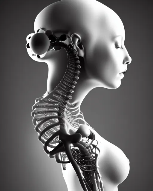 Prompt: dreamy foggy elegant soft luminous bw profile face portrait 3 d render, beautiful young biomechanical - porcelain - female - cyborg with a delicate detailed mandelbrot fractal texture skin and a very long neck with gothic pearl embroidered collar, halo, white smoke atmosphere, rim light, hg giger, 8 k