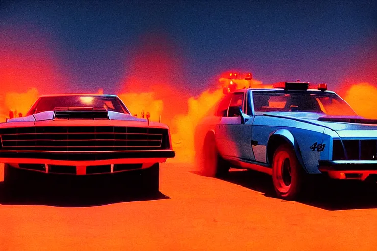 Image similar to stylized poster of mad max's pursuit special, the last v 8 interceptor, thick neon lights, ektachrome photograph, volumetric lighting, f 8 aperture, cinematic eastman 5 3 8 4 film