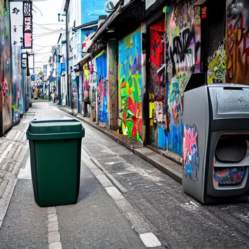 Image similar to A trashcan full of graffiti stands in the middle of an atmospheric Japanese street, a lot of broken computers and televisions